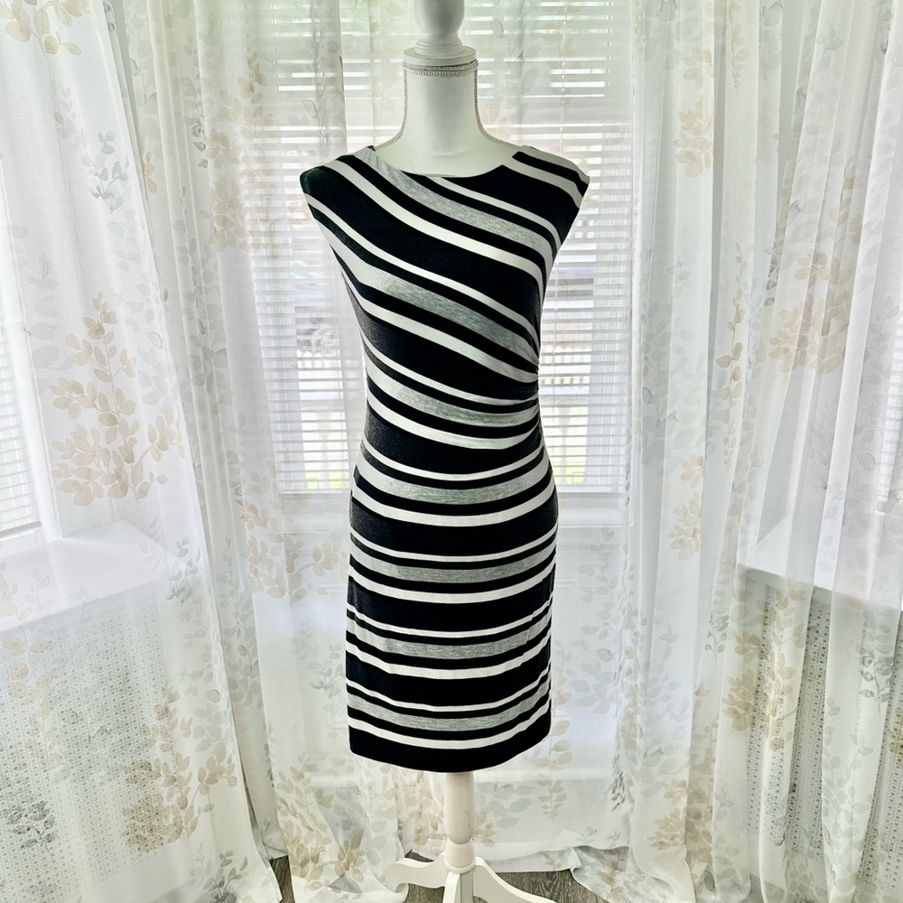 LOFT Black and White Sheath Midi Dress